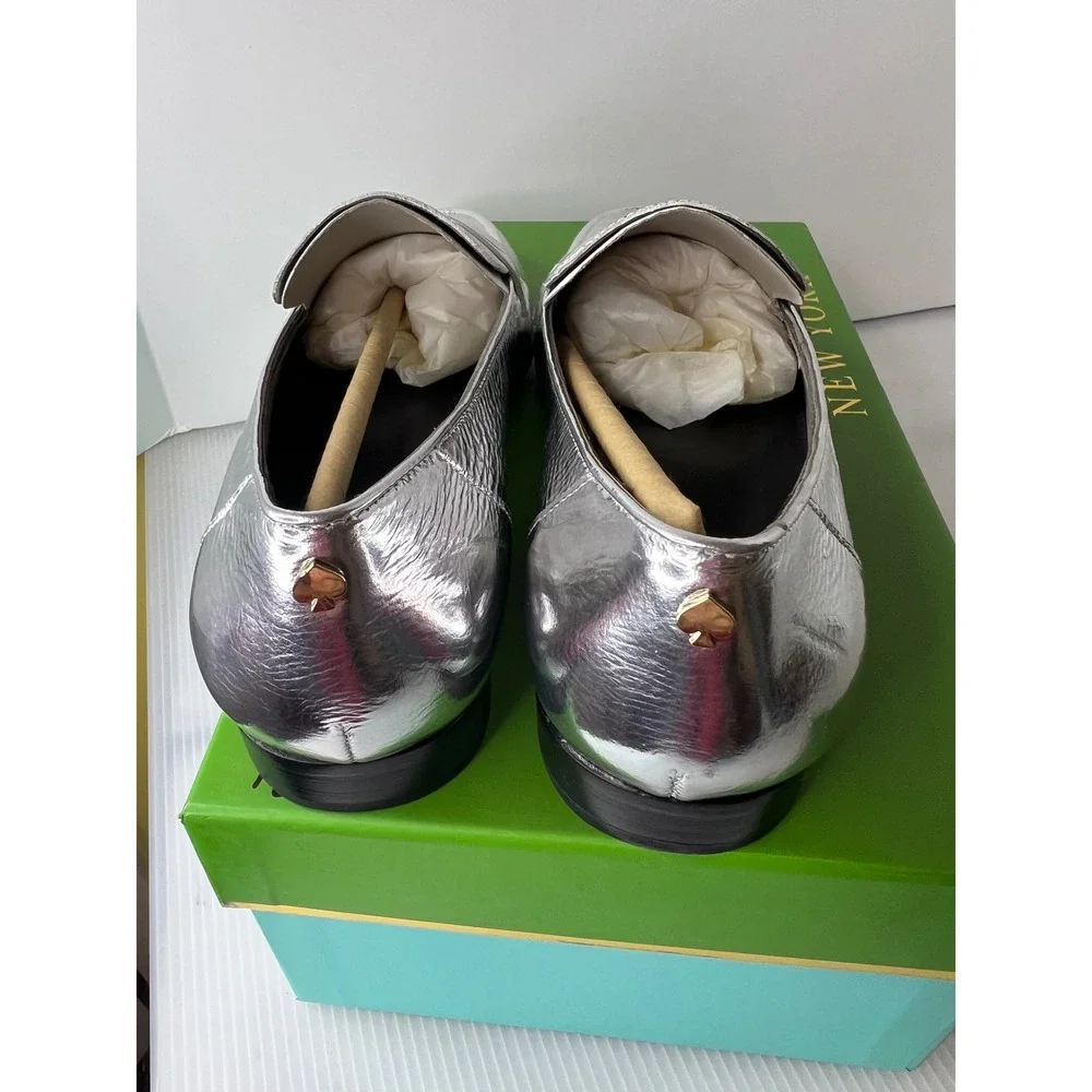 Kate Spade Silver Metallic‎ Leather Genevieve Loafers Almond Toe Flats 6.5M Box
